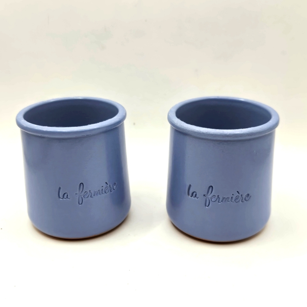 La Fermiere French Cermer Terra Cotta Glazed Yogurt Clay Pot Sky Blue Set Of 2